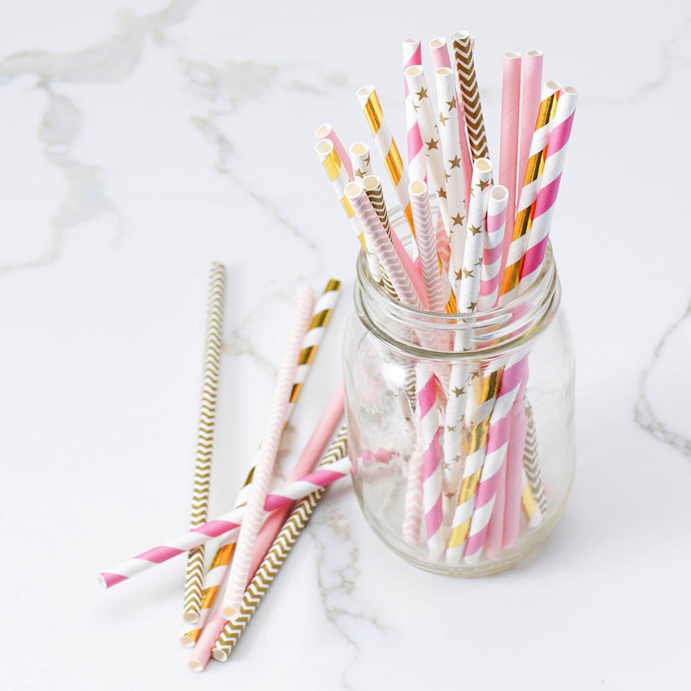 Pink White and Gold Straws