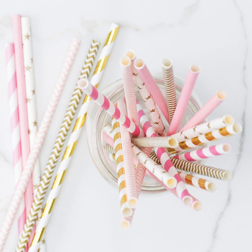Pink White and Gold Straws