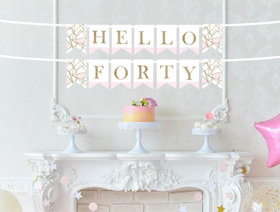 Hello Forty Pink-Dipped Banner