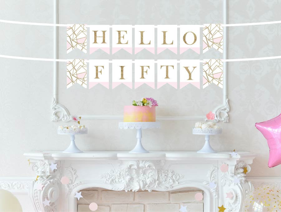 Hello Fifty Pink-Dipped Banner