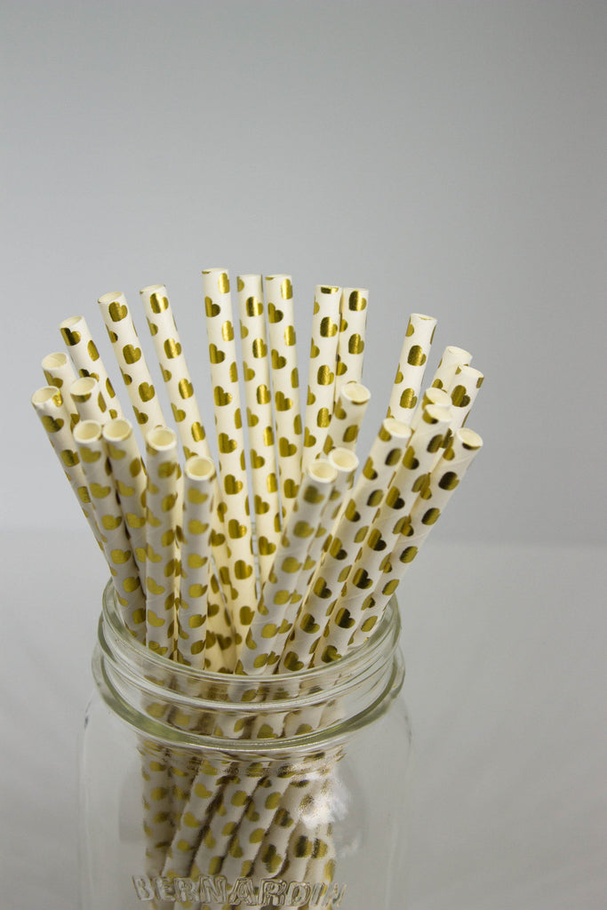 Gold and White Heart Straws