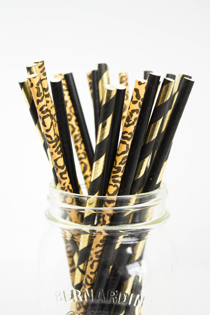 Black, Gold and Leopard Print Paper Straws