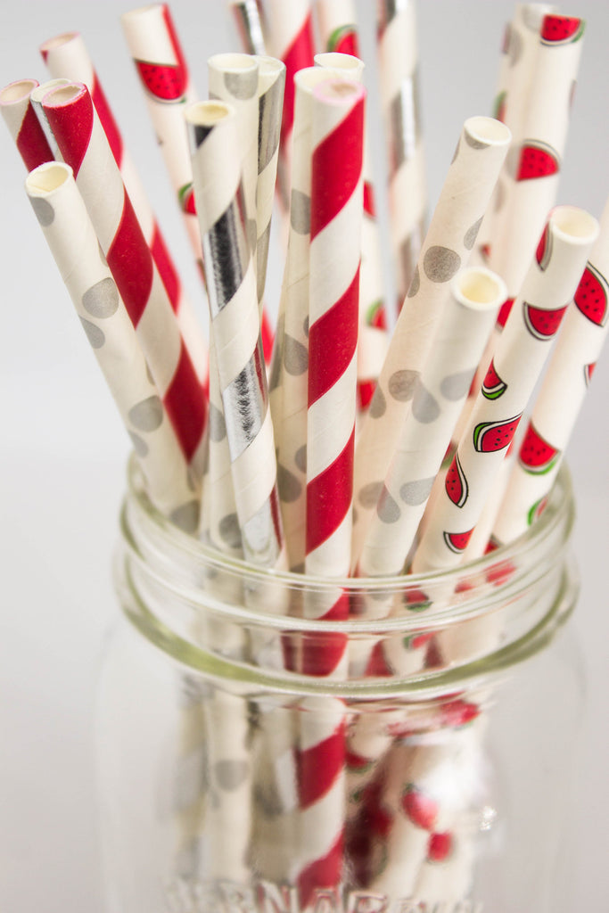Silver, Red and Watermelon Paper Party Straws