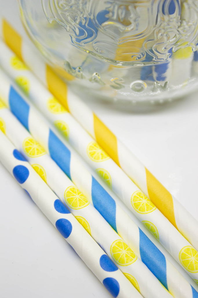 Blue & Lemon Print Paper Party Straws