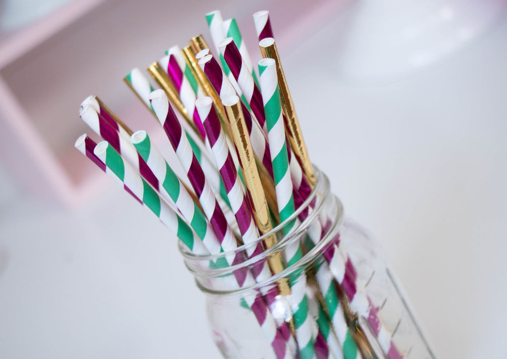 Gold Foil, Pink Foil and Green Stripe Party Straws