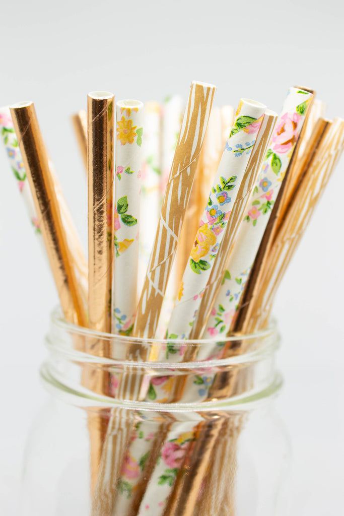 Birch, Rose Gold and Floral Party Straws