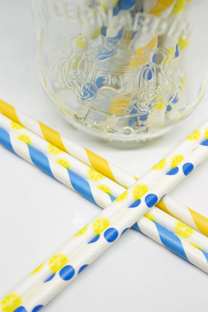 Blue & Lemon Print Paper Party Straws