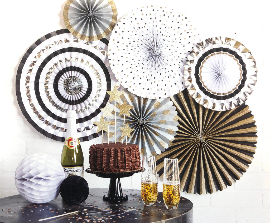 New Year's Eve Party Fans - New Years Backdrop - New Year Party Decorations - Black and Gold Party Decorations - New Year's Fans + Confetti